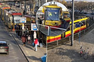 Zderzenie tramwaju z samochodem w Warszawie. Duże utrudnienia, tłum na pętli