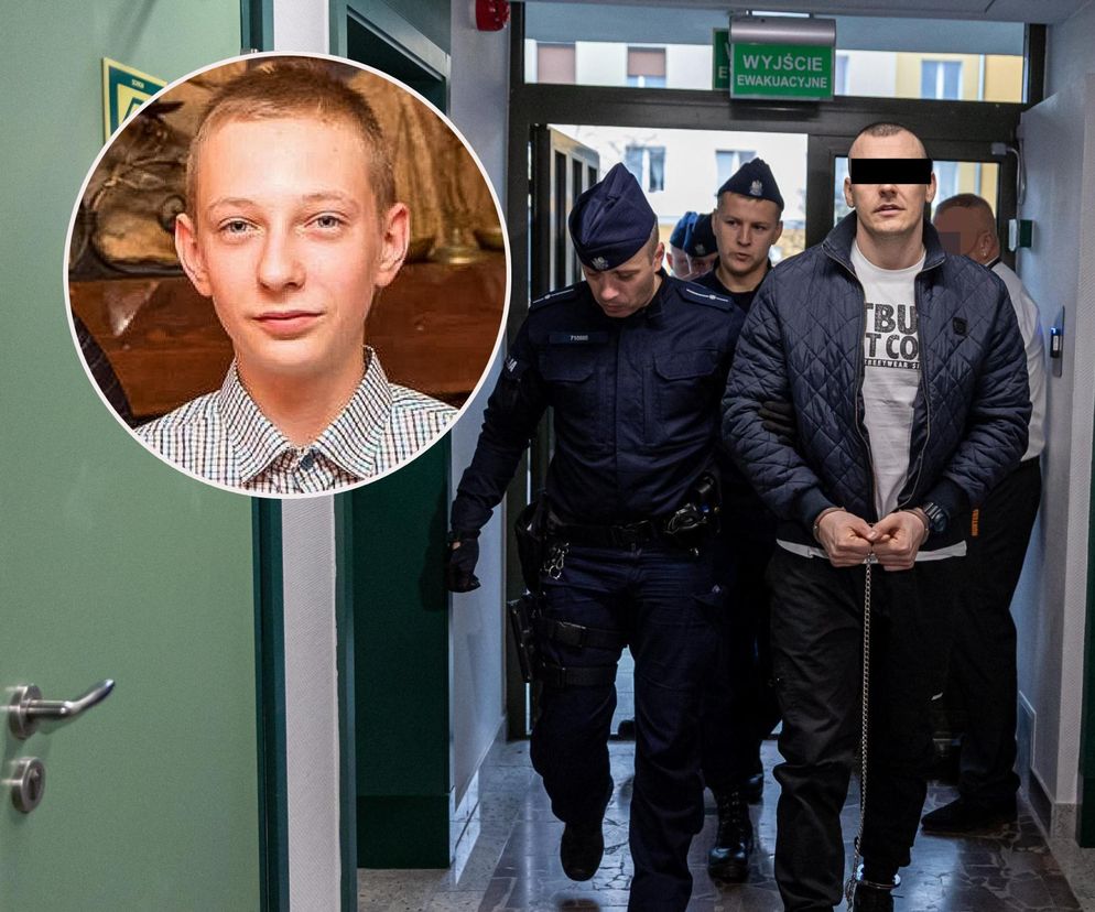 Policjanci prowadzą skutego mężczyznę. Na miniaturze uśmiechnięty Fabian Zydor. O wyroku za zabójstwo przeczytasz na SE.