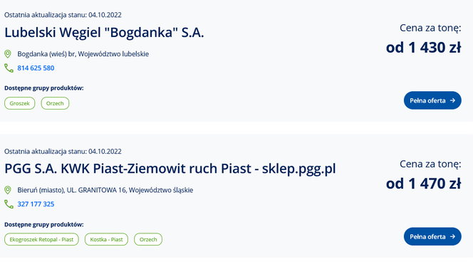 Ceny węgla ze strony cieplo.gov.pl