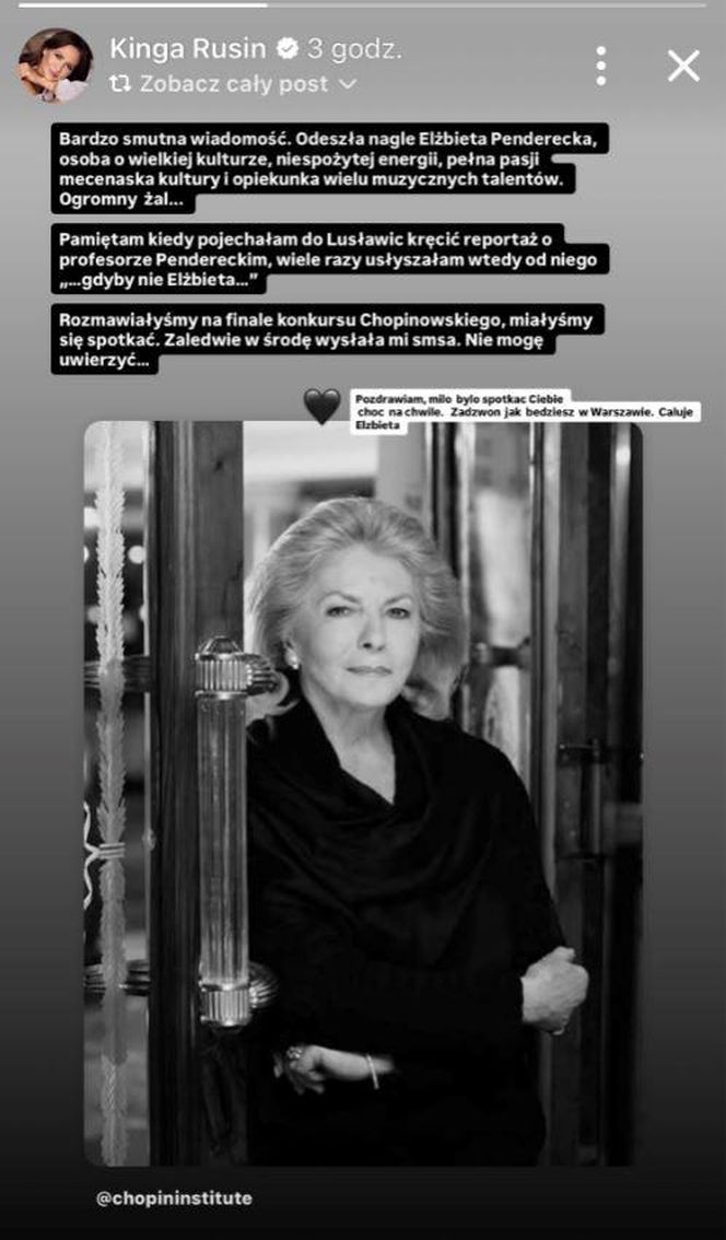 Kinga Rusin wspomina zmarłą Elżbietę Penderecką
