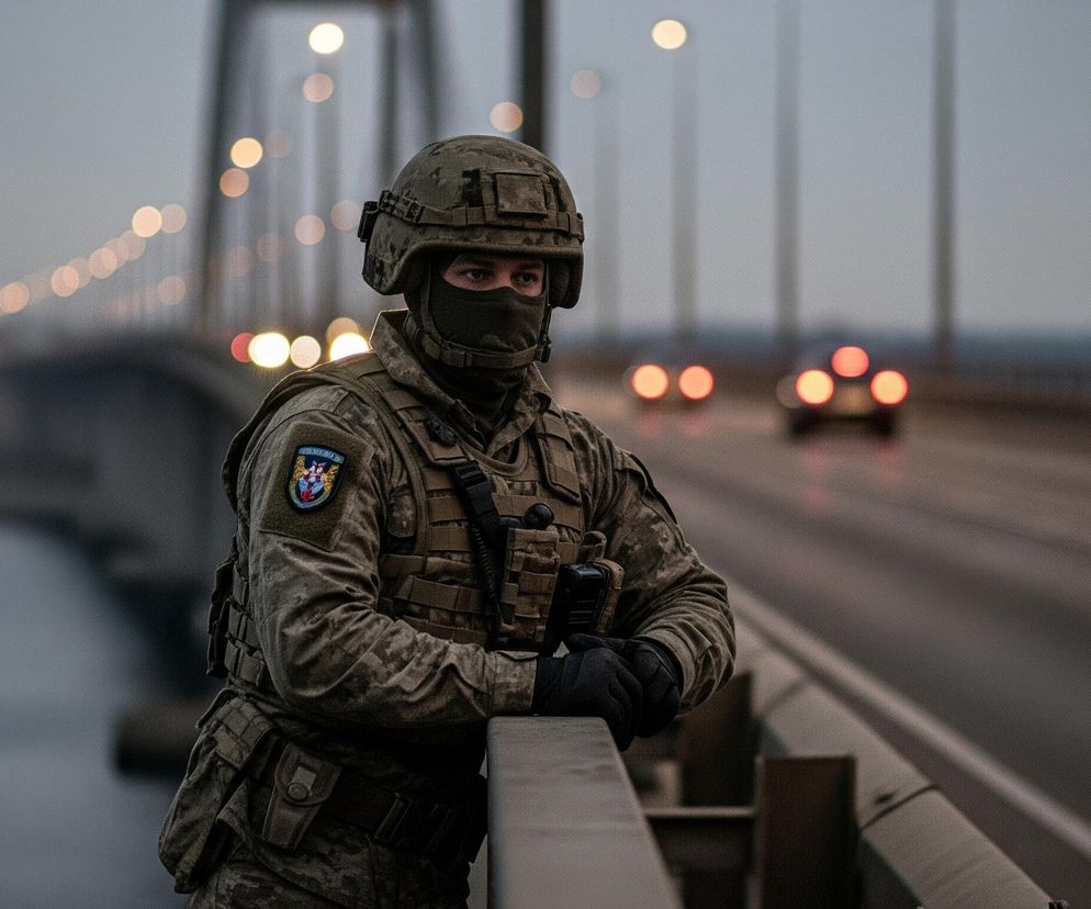 Ubrana w wojskowy mundur kamuflażowy postać z hełmem i kominiarką spogląda w prawą stronę, opierając się na betonowej barierce. Na lewym ramieniu munduru widoczna jest kolorowa naszywka z herbem. Tło stanowi rozmyty krajobraz miejski w szarawych, przytłumionych barwach, z rzędem jasnych, rozproszonych świateł po lewej i czerwonymi tylnymi światłami samochodów na drodze po prawej. Poniżej drogi rozciąga się ciemna tafla wody.