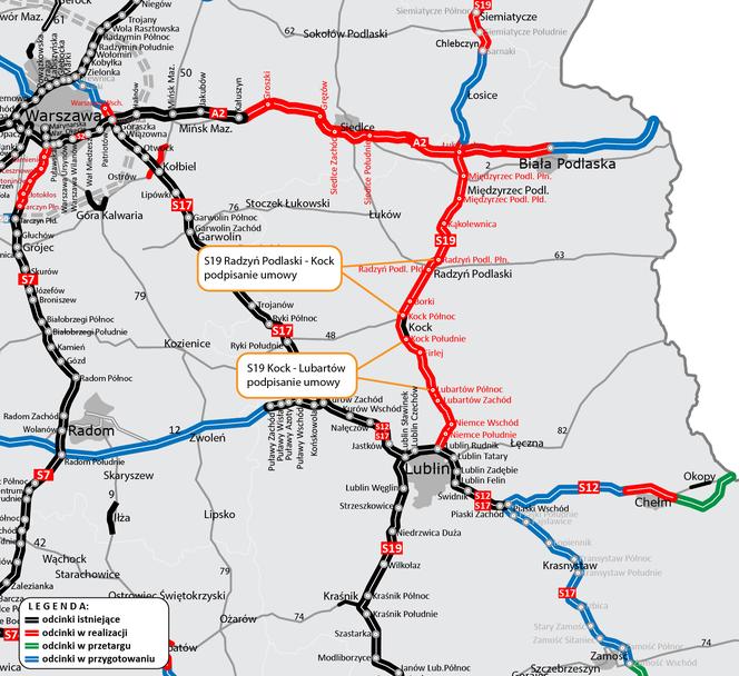 Mapa nowych odcinków S19 w woj. lubelskim