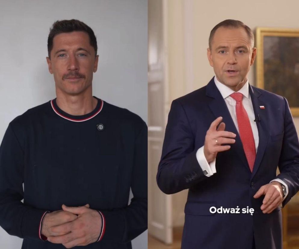 Robert Lewandowski z wąsami w granatowej bluzie i Karol Nawrocki w granatowym garniturze z czerwonym krawatem i napisem Odważ się na spocie kampanii Movember 2025. Na portalu Poradnik Zdrowie znajdziesz więcej informacji o profilaktyce raka prostaty i jąder.