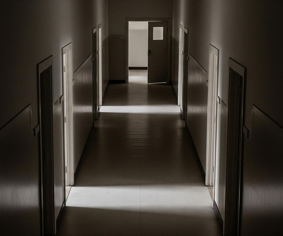 Długi, wąski korytarz, oświetlony naturalnym światłem z otwartych drzwi, ciągnie się w głąb obrazu. Ściany boczne mają ciemną, poziomą listwę w dolnej części, a górna część ścian oraz futryny drzwi są jasne, niemal białe. Na końcu korytarza widać dwoje otwartych drzwi, z których jedno, z małym przeszklonym panelem, jest zwrócone w prawą stronę, ukazując wnętrze jasnego pokoju. Jasne światło pada na podłogę, tworząc wyraźne, geometryczne plamy światła i cienia, które podkreślają perspektywę korytarza.