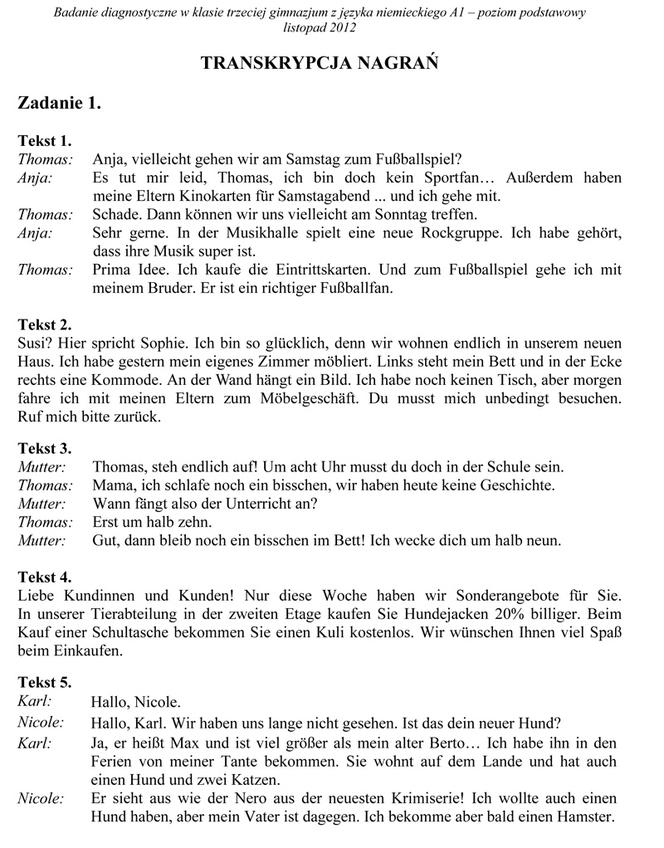 Próbny egzamin gimnazjalny 2013 - język niemiecki poziom podstawowy