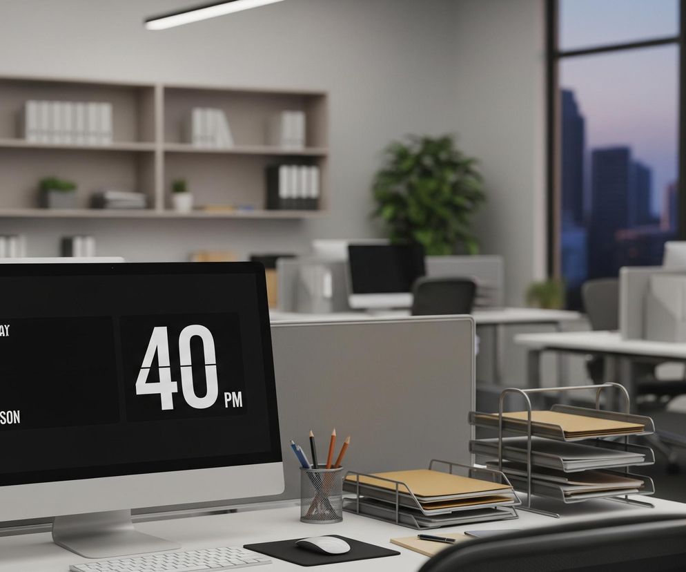 Na pierwszym planie, centralnie, stoi srebrny monitor komputerowy z czarnym ekranem, wyświetlającym białe cyfry 40 PM oraz napisy TAY i SON. Po jego prawej stronie znajduje się metalowy pojemnik z ołówkami i długopisami, a obok mysz komputerowa na czarnej podkładce i biała klawiatura. Dalej w prawo widoczne są dwa metalowe organizery na dokumenty, wypełnione beżowymi i białymi teczkami. Tło przedstawia jasne, nowoczesne biuro z szarymi ściankami działowymi między stanowiskami pracy, regałami z segregatorami oraz dużymi oknami ukazującymi miejski krajobraz o zachodzie słońca.