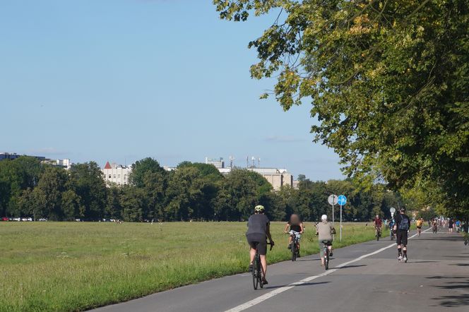 Błonia, ścieżka rowerowa, w tle widać Szkieletor