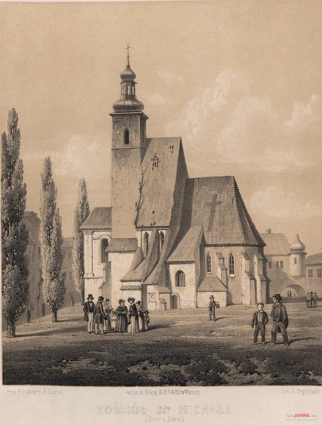 Wyburzony w latach 1846-1852 kościół farny św. Michała Archanioła na litografii z I poł. XIX wieku.