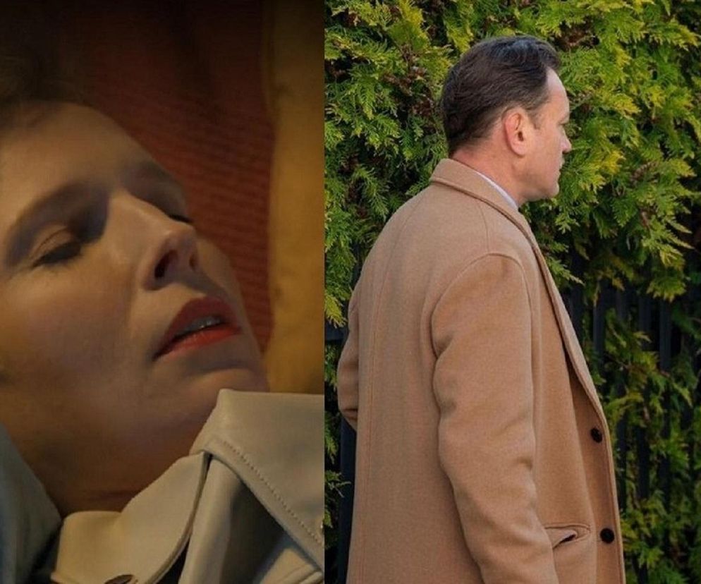 Sonia (Weronika Nockowska) w jasnej koszuli leży nieprzytomna, z zamkniętymi oczami i rozchylonymi ustami. Po prawej Paweł Ławrynowicz (Stefaniak) w beżowym płaszczu i Andrzej Szeremeta (Bazylow) w szarej marynarce rozmawiają na tle zielonych krzewów. Więcej o dramatycznej sytuacji Soni przeczytasz na Super Seriale.