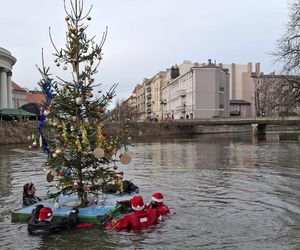 Udekorowana choinka stanęła na środku rzeki w Kaliszu