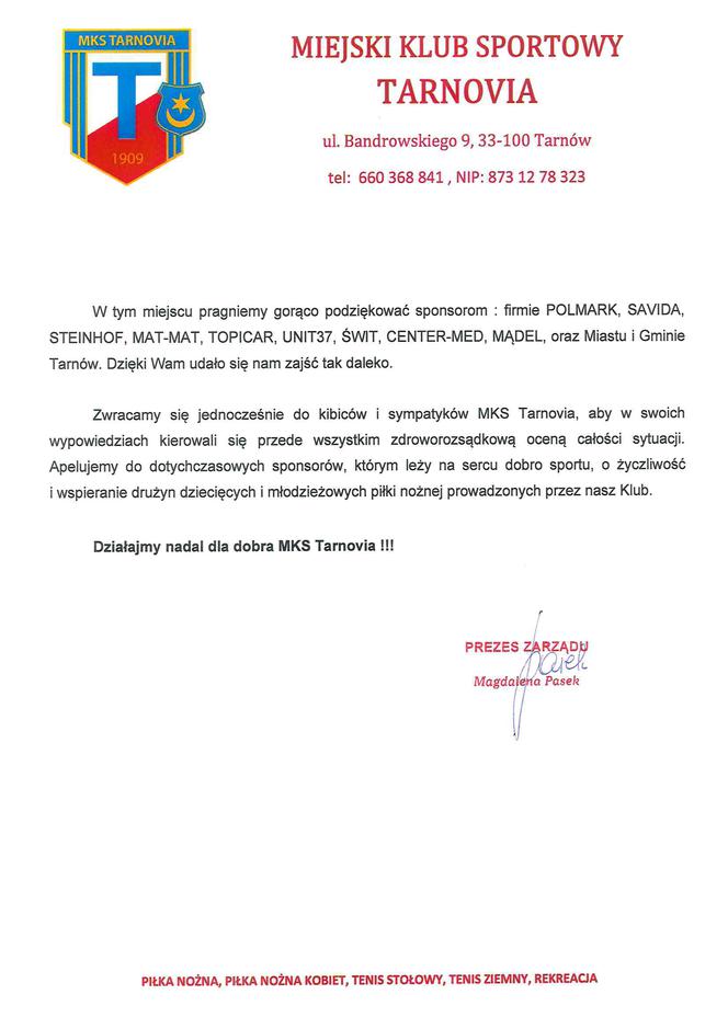 Oświadczenie MKS Tarnovii Tarnów
