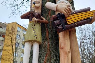 Na bydgoskich drzewach zawisły drewniane rzeźby ptaków i grajków. To pomysł mieszkańca