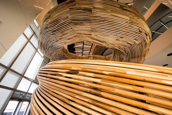 Ekspresyjna rzeźba - drewniana klatka schodowa biurowca w Izraelu