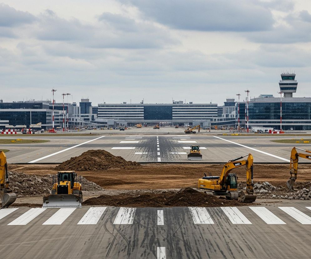 Cztery żółte koparki i spychacz widoczne są na pierwszym planie, pracując na obszarze pokrytym ziemią i gruzem, który częściowo zasłania asfaltowy pas startowy oznaczony białymi liniami. W tle rozciąga się długi pas startowy z widocznymi śladami opon i białymi oznaczeniami, prowadzący do kompleksu nowoczesnych budynków z szklanymi fasadami, przypominających terminale lotniska. Po prawej stronie, nad budynkami, wznosi się wysoka wieża kontrolna z zielonym elementem na szczycie, a za nią i po lewej widoczne są odległe, zalesione wzgórza pod szarym, zachmurzonym niebem.