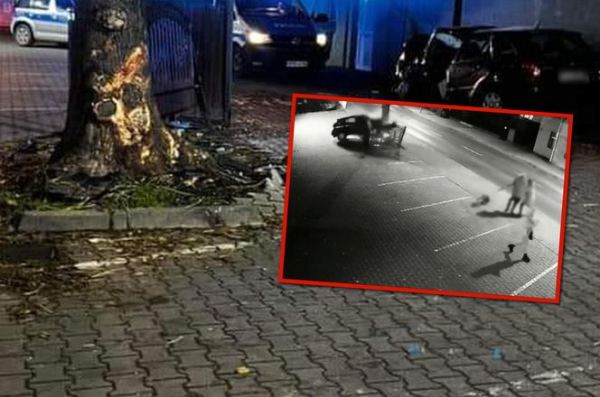 Rozpędzona mazda jechała wprost na pieszych. Auto rozbiło się na drzewie