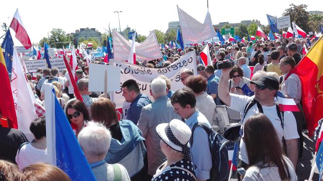 Uczestnicy marszu przynieśli transparenty i flagi - Polski oraz UE