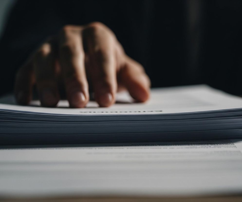 Stos białych kartek papieru leży na drewnianym blacie, dominując centralną część kadru. Na wierzchu stosu, w oddali, widać ludzką dłoń o jasnej karnacji, dotykającą górnych kartek. Dłoń jest lekko rozmazana, podobnie jak ciemne tło za nią. Dolna część kadru to rozłożone na blacie białe kartki, z niewyraźnymi, ciemnymi liniami tekstu, tworzącymi wrażenie dokumentów. Scena jest słabo oświetlona, co podkreśla stonowane kolory i tworzy nastrojową atmosferę.