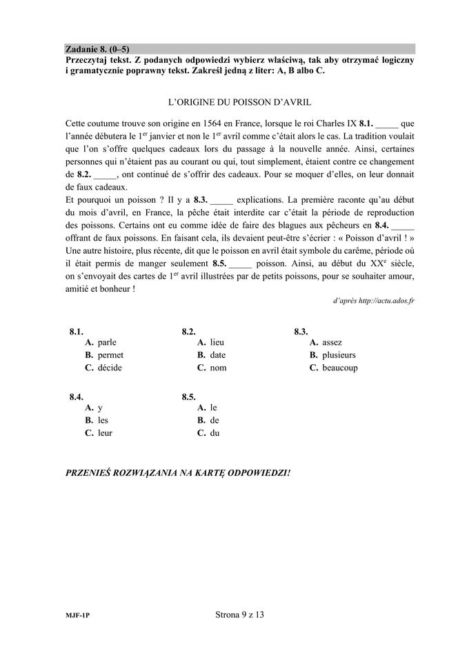 Matura 2019 język francuski podstawowy ARKUSZE