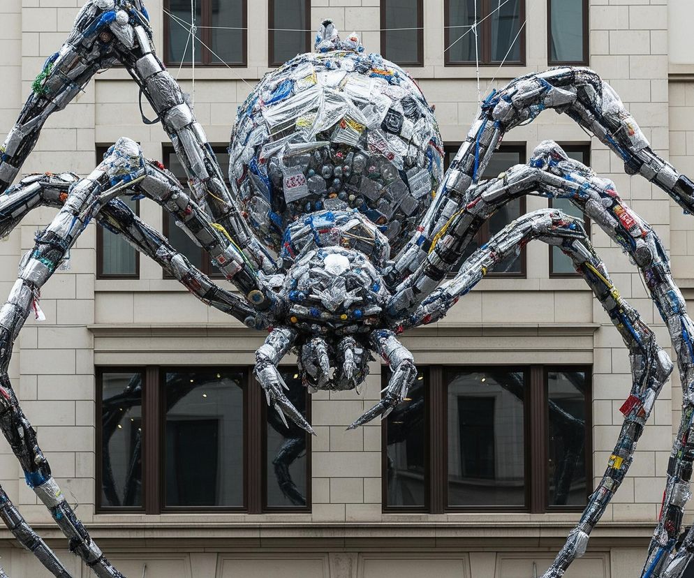 Duża rzeźba pająka, wykonana z różnego rodzaju materiałów odpadowych, dominuje centralną część obrazu. Jego korpus składa się z dwóch owalnych części: mniejszej z przodu i znacznie większej z tyłu, obie pokryte są błyszczącymi, poszarpanymi elementami, takimi jak puszki po napojach, folie aluminiowe i kawałki plastiku, z widocznymi przebłyskami niebieskich, czerwonych i żółtych kolorów. Od korpusu odchodzi osiem długich, segmentowych nóg, każda z nich również wykonana jest z podobnych, posklejanych materiałów, przypominających metalowe rury lub kable, z wystającymi sznurkami i fragmentami kolorowych tworzyw sztucznych. Rzeźba zawieszona jest przed beżową elewacją budynku z regularnie rozmieszczonymi, prostokątnymi oknami z ciemnymi ramami, które odbijają otoczenie.