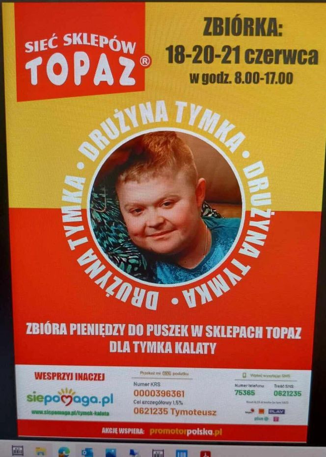 Wspomóż Tymka Kalatę z Siedlec w walce o życie! Charytatywna zbiórka do puszek w sieci sklepów Topaz trwa w dniach 18-21 czerwca