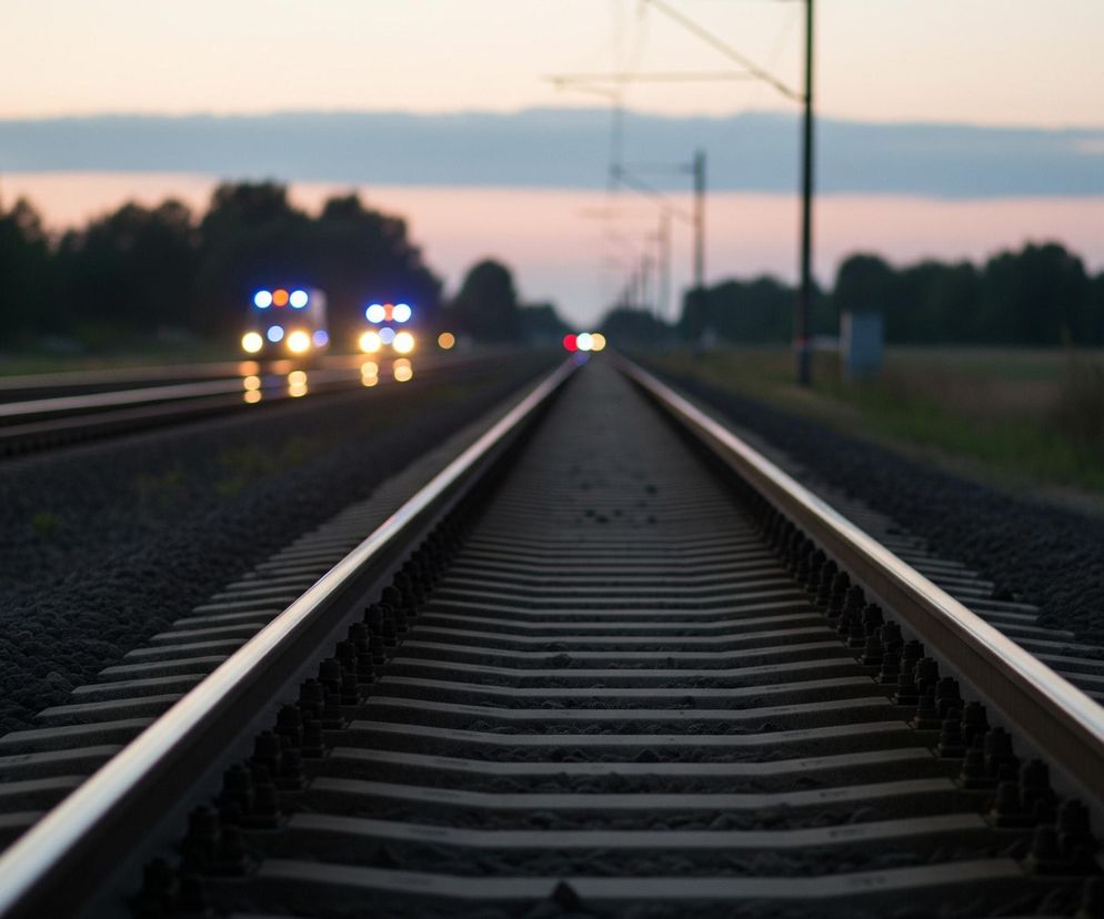 Na zdjęciu widoczne są dwa tory kolejowe rozciągające się w głąb obrazu, z kamieniami szutrowymi między podkładami i wokół nich. Tor po prawej stronie jest na pierwszym planie i jest ostry, podczas gdy tor po lewej jest lekko rozmazany. W tle widać pociąg jadący w kierunku obserwatora, rozświetlony jasnymi, rozmytymi światłami w odcieniach pomarańczowego i niebieskiego. Horyzont tworzy pas drzew na tle nieba w pastelowych odcieniach różu, błękitu i pomarańczu, sugerując wschód lub zachód słońca.