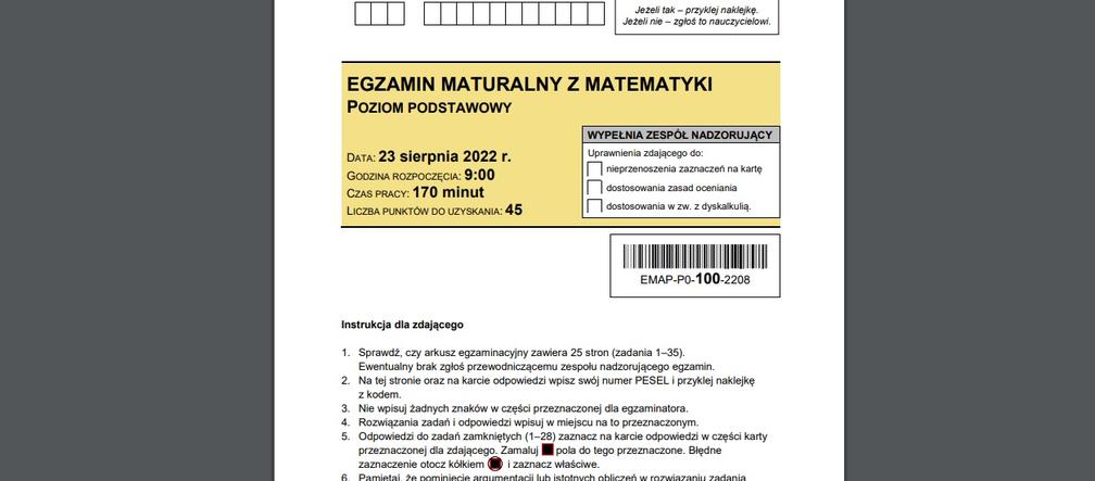 Matura poprawkowa matematyka 2022 - ARKUSZ CKE 