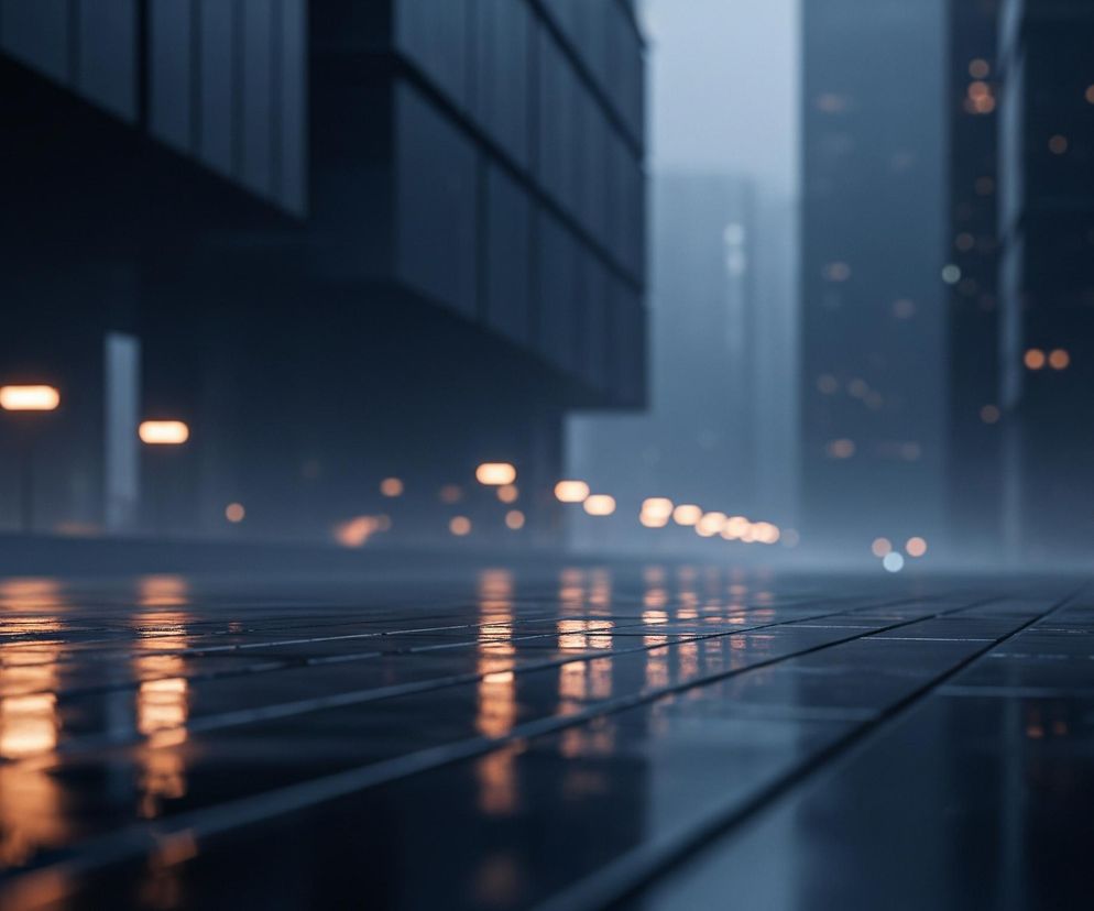 Na pierwszym planie widoczna jest mokra nawierzchnia, złożona z ciemnych, prostokątnych płyt ułożonych w rzędy, odbijająca światła pomarańczowych lamp. W tle, po lewej stronie, rozciąga się fasada ciemnego, nowoczesnego budynku z prostokątnymi oknami, natomiast po prawej stronie widać rozmyte, wysokie wieżowce. Horyzont dominuje mglista poświata, a w oddali majaczą rozproszone, pomarańczowe punkty światła oraz dwa białe punkty, sugerujące światła pojazdu.