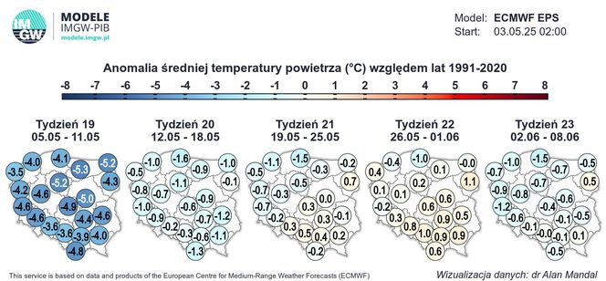 Anomalia średniej temperatury powietrza względem lat 1991-2020 w Polsce
