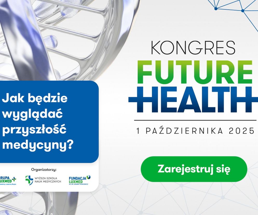 Grafika promocyjna Kongresu Future Health 2025: napis Jak będzie wyglądać przyszłość medycyny? na tle schematu DNA, z informacją o dacie: 1 października 2025. W dolnej części logo organizatorów: Grupa LUX MED, Wyższa Szkoła Nauk Medycznych, Fundacja LUX MED, oraz zielony przycisk Zarejestruj się. O wydarzeniu więcej przeczytasz na portalu Super Biznes.