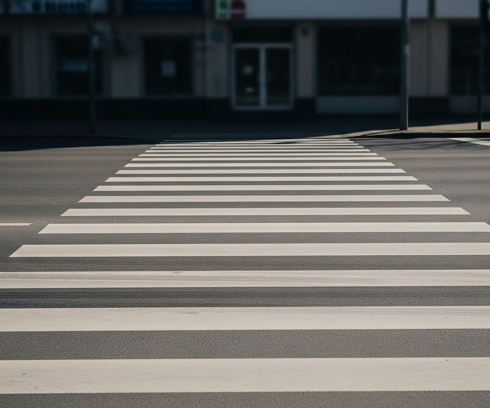 Przejście dla pieszych z białymi pasami namalowanymi na ciemnoszarym asfalcie przecina obraz pośrodku. Pasiaste oznakowanie jest wyraźne i zajmuje większość dolnej części kadru. Asfalt po lewej stronie przejścia jest jaśniejszy, co wskazuje na padające światło słoneczne, podczas gdy po prawej stronie widać cień. W tle, rozmyte budynki z ciemnymi oknami oraz fragment chodnika i słupa sygnalizacji świetlnej dopełniają miejski krajobraz.