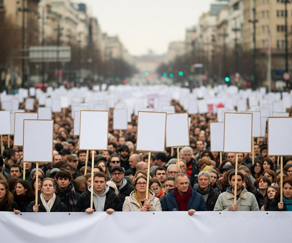 Tłum ludzi idzie ulicą, trzymając w górze liczne puste białe tabliczki z brązowymi ramkami na drewnianych kijach, tworząc długie rzędy rozciągające się w głąb perspektywy. Na pierwszym planie widać szeroki biały transparent rozciągnięty przez osoby, które go trzymają, z ich twarzami i górnymi partiami ciała widocznymi ponad nim. Uczestnicy ubrani są w zimowe kurtki i szaliki, a w tle widać rozmyte budynki i drzewa bez liści, ze światłami sygnalizacji świetlnej o zielonej barwie widocznymi po obu stronach ulicy.