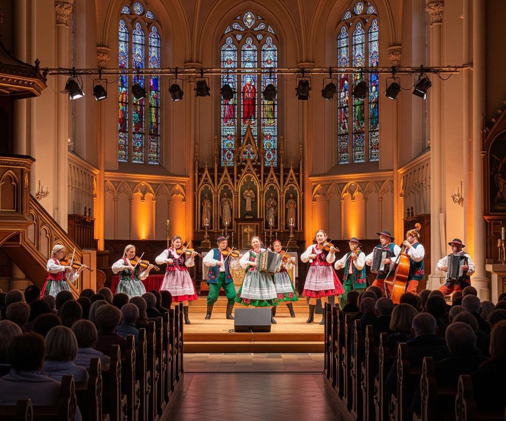 Na zdjęciu widoczna jest grupa ludzi w tradycyjnych strojach ludowych, grająca na instrumentach muzycznych na scenie w kościele lub innej dużej świątyni. W tle znajduje się ołtarz z witrażami i rzędami świec, a na suficie wiszą kandelabry. Scena oświetlona jest reflektorami, a publiczność siedzi w ławkach, skierowana w stronę wykonawców.
