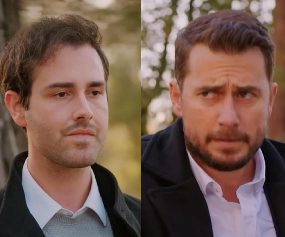 Dwa zbliżenia mężczyzn z serialu Miłość i nadzieja w lesie. Po lewej Kuzey w szarym swetrze i białej koszuli, o neutralnym wyrazie twarzy. Po prawej Levent, brodaty, w białej koszuli i czarnej kurtce, spogląda w bok z irytacją. Więcej o ich losach na Super Seriale.