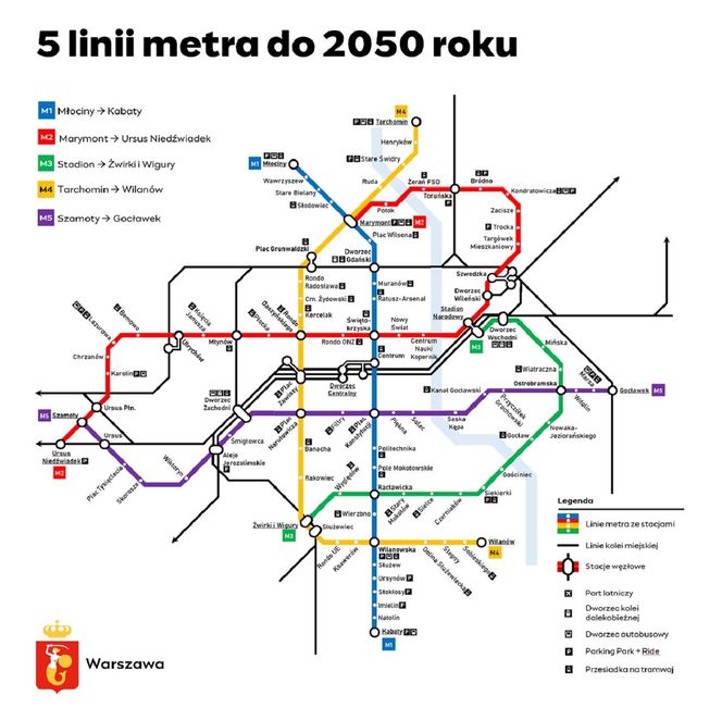 Mapa planowanej sieci 5 linii metra w Warszawie