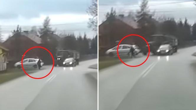 Przedziwny manewr na drodze. Kobieta zepchnęła traktor na pieszego!