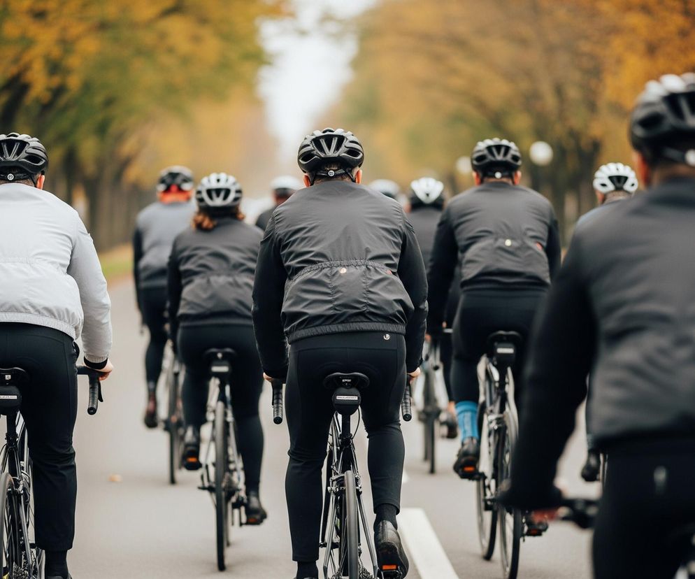 Grupa rowerzystów, ubranych w ciemne, sportowe stroje i kaski, jedzie asfaltową drogą wśród drzew o jesiennych liściach. Osoby widoczne na pierwszym planie są w ostrzejszej ostrości, ukazane od tyłu, pedałujące na swoich rowerach. Po obu stronach drogi rozciągają się rzędy drzew z liśćmi w odcieniach zieleni i żółci, tworząc aleję, która niknie w oddali.