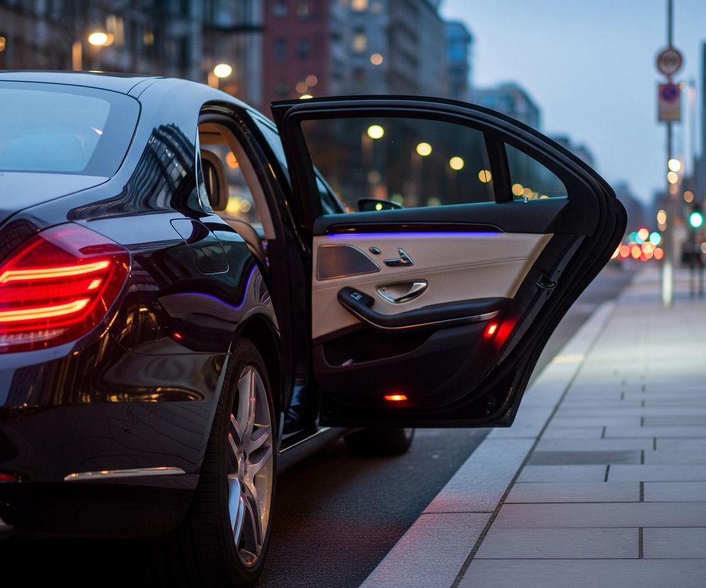 Na pierwszym planie, z prawej strony, stoi elegancki, ciemny samochód osobowy, prawdopodobnie limuzyna, z otwartymi tylnymi drzwiami pasażera. Widoczne są włączone światła tylne, emitujące czerwone światło, oraz wewnętrzne podświetlenie drzwi w kolorze niebieskim i czerwonym. Samochód stoi na krawędzi ulicy, obok chodnika wyłożonego jasnymi płytami, z szarą nawierzchnią ulicy z lewej strony. W tle rozciąga się miejski krajobraz z rozmazanymi światłami latarni i budynków, sugerujący wieczorową porę.