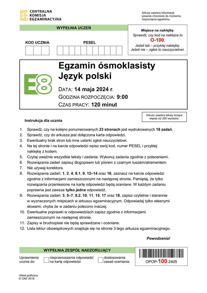 Egzamin ósmoklasisty 2024: polski. Zadania, arkusze CKE i odpowiedzi z języka polskiego 14.05.2024