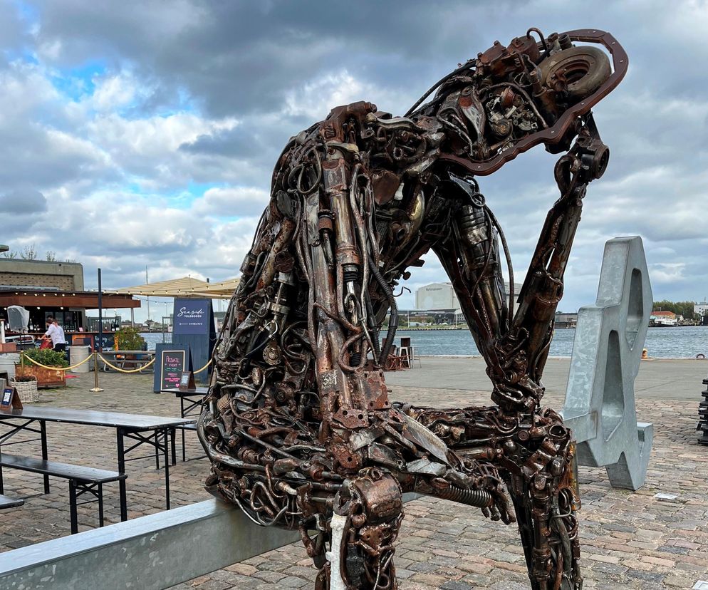 Rzeźba Myśliciel stworzona ze złomu i części maszyn, symbolizująca kryzys konsumpcjonizmu, na tle nabrzeża i budynków w Kopenhadze. Fotografia z Biennale Architektury w Kopenhadze, o którym przeczytasz więcej na Architektura Murator Plus.