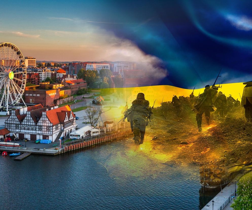 Panoramy Gdańska z diabelskim młynem i rzeką Motławą, płynnie przechodząca w scenę żołnierzy w walce z czołgiem na tle flagi Ukrainy. Zdjęcie ilustruje temat bezpiecznych miast w Polsce na czas kryzysu, o czym więcej przeczytasz na Super Biznes.
