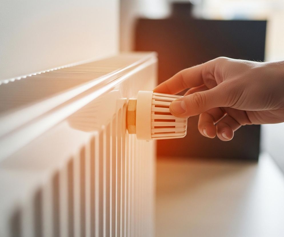 Biały grzejnik żeberkowy z widocznym termostatem jest głównym obiektem zdjęcia, na którym widoczna jest ludzka dłoń regulująca pokrętło termostatu. Światło padające z prawego górnego rogu tworzy jasną poświatę i cienie na powierzchni grzejnika oraz na białej ścianie za nim. W tle, częściowo niewyraźne, widoczne są ciemne kształty mebli i jasne okno, sugerujące wnętrze pomieszczenia.