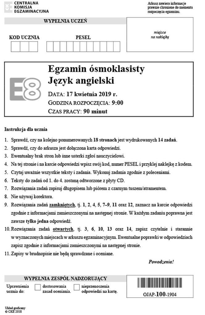 Egzamin ósmoklasisty 2019- język angielski arkusz