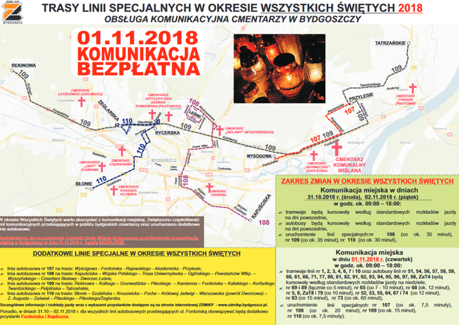 Wszystkich Świętych 2018 w Bydgoszczy. Bezpłatne przejazdy komunikacją i zmiany w organizacji ruchu!