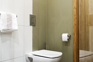 Nowoczesna łazienka w oliwkowym kolorze. Aranżacja małej łazienki z ogrzewaniem podłogowym