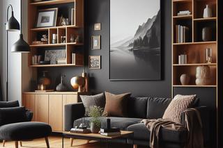 Drewniany regał w nowoczesnym salonie