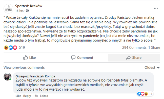 Krakowski aktywista porównał zgłaszanie służbom osób nienoszących maseczek do Holocaustu