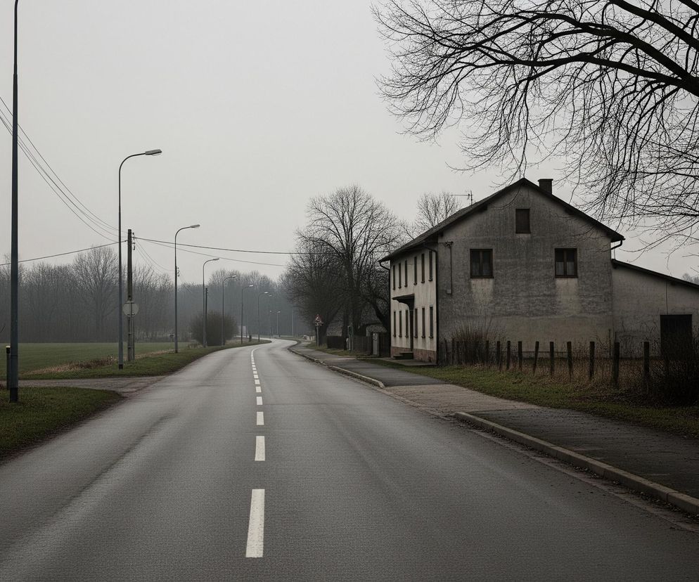 Długa, kręta droga asfaltowa z białą linią przerywaną biegnie przez centrum kadru, w oddali widoczne są latarnie uliczne. Po lewej stronie drogi rozciąga się zielona, trawiasta łąka z krzewami i kilkoma drzewami bez liści, a po prawej stronie znajduje się szary budynek z ciemnymi oknami i spadzistym dachem. Przed budynkiem widoczny jest szary chodnik, a dalej niskie ogrodzenie z drewnianych pali i bujna roślinność. Nad całością rozciąga się jednolicie szare, zachmurzone niebo.