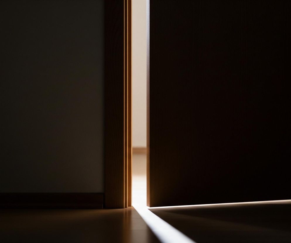 Częściowo otwarte drzwi ujawniają jaskrawą, pionową smugę światła pośrodku obrazu, rozciągającą się od góry do dołu. Ta smuga oświetla jasną, poziomą linię światła na podłodze, tworząc wyraźny trójkątny obszar jasności na ciemnej, drewnianej podłodze po prawej stronie. Po lewej stronie widoczna jest ciemna ściana, a u dołu panele podłogowe w odcieniach brązu, przechodzące w głęboką czerń w cieniu.