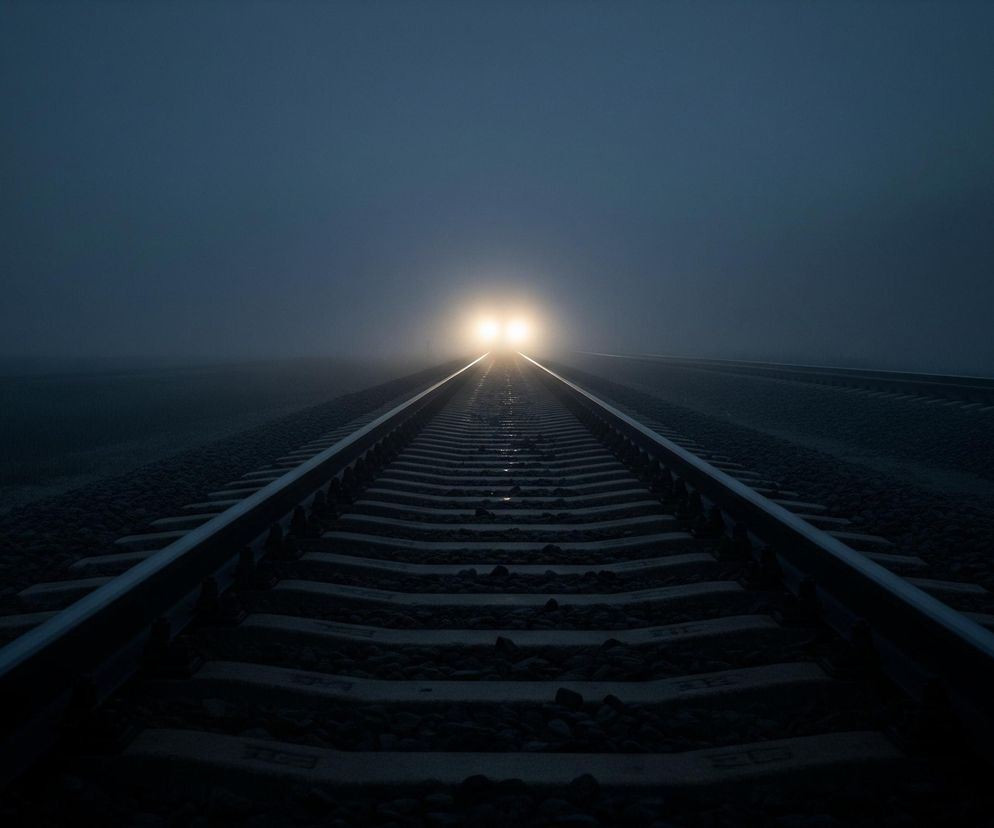 Tory kolejowe biegną prosto w głąb obrazu, z dwoma równoległymi szynami i poprzecznymi podkładami spoczywającymi na kamiennym tłuczeniu. W oddali, w centrum kadru, widać jasne, białe światło pochodzące z nadjeżdżającego pociągu, które rozświetla gęstą mgłę lub zmierzch. Niebo jest ciemne, granatowe, przechodzące w błękit w górnej części, natomiast dolna część obrazu jest pogrążona w mroku.