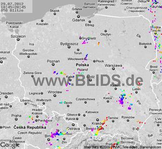 Burze w Polsce, 29.07.2012 - MAPA z godz. 18.45 - 21.45